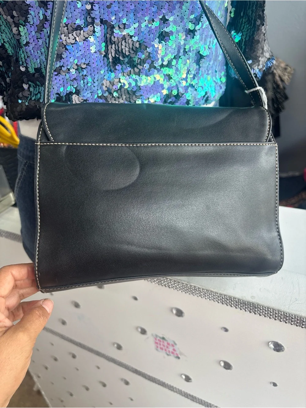 Vintage Y2K Liz Claiborne Black Leather Shoulder Bag with Silver Hardware